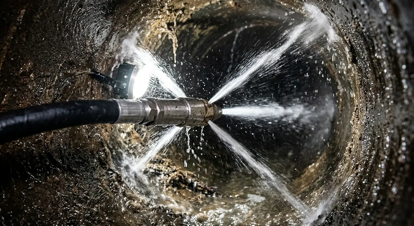 High-pressure hydro jetting nozzle cleaning sewer pipe for Sewer Cleanout in Newington Forest