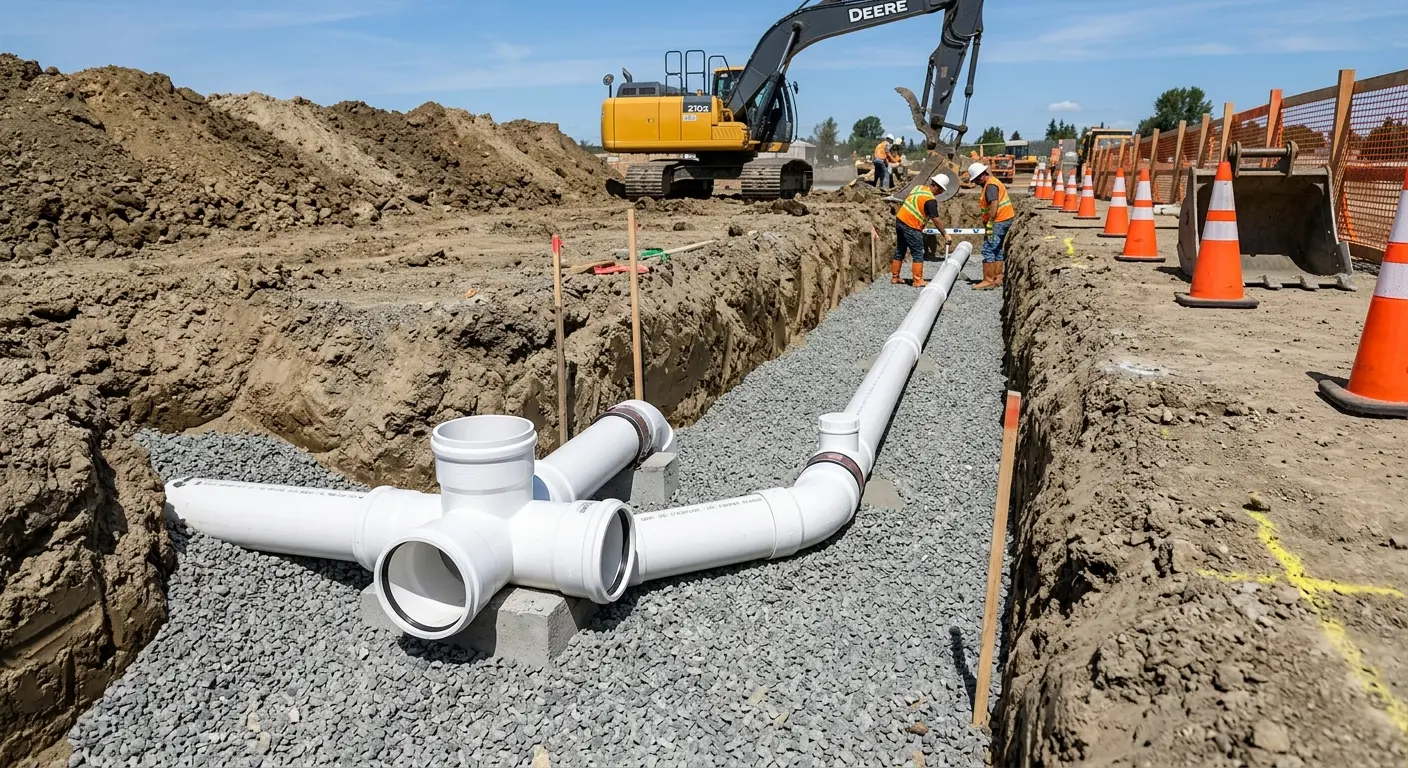 New PVC sewer pipe installation in open trench for Commercial Drain Cleaning in Newington Forest