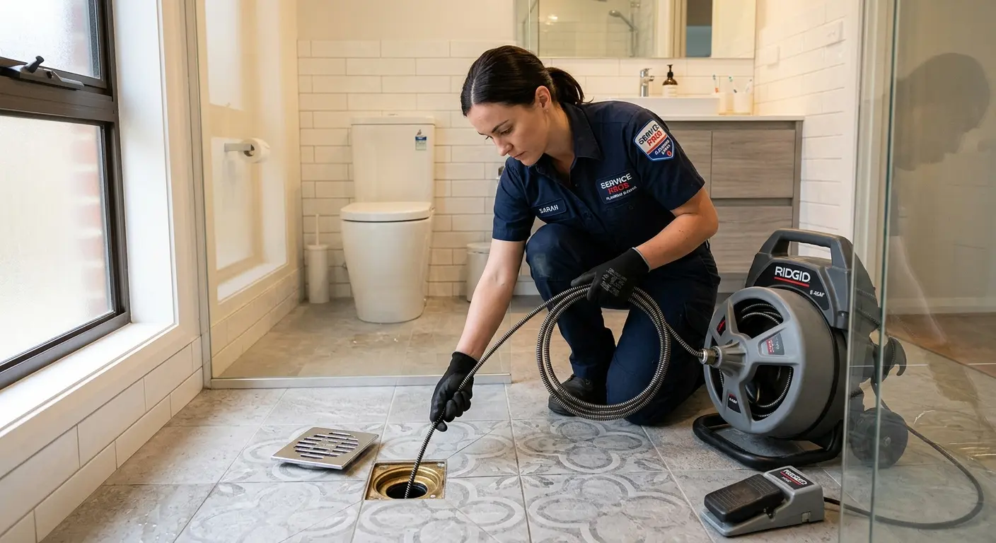 Technician clearing a bathroom floor drain for Drain Cleaning in Newington Forest